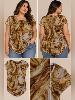 Thread Times New York Brown Marble Mesh Ruched‎ Bodysuit NWT 3X